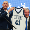 Former Kentucky player turned head coach Mark Pope holds up his game-worn No. 41 Kentucky jersey at his introductory press conference - © Sam Upshaw Jr./Courier Journal / USA TODAY NETWORK