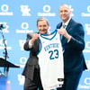 Kentucky coach Mark Pope and athletics director Mitch Barnhart at Pope's introductory press conference - Aaron Perkins, Kentucky Sports Radio