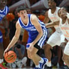 Kentucky guard Reed Sheppard (15) dribbles the ball while defended by Tennessee guard Jordan Gainey (2) during an NCAA college basketball game between Tennessee and Kentucky in Knoxville, Tenn.  Photo by Caitie McMekin, News Sentinel | USA TODAY NETWORK