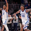 Nov 12, 2024; Atlanta, Georgia, USA; Kentucky Wildcats players react after defeating the Duke Blue Devils at State Farm Arena. Mandatory Credit: Dale Zanine-Imagn Images