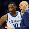 Nov 9, 2024; Lexington, Kentucky, USA; Kentucky Wildcats head coach Mark Pope talks with forward Brandon Garrison (10) during the second half against the Bucknell Bison at Rupp Arena at Central Bank Center. Mandatory Credit: Jordan Prather-Imagn Images