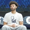 Jan 10, 2024; Berkeley, California, USA; California Golden Bears guard Devin Askew (55) sits on the sidelines before the game against the Colorado Buffaloes at Haas Pavilion. Mandatory Credit: Darren Yamashita-Imagn Images