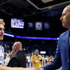 Nov 9, 2024; Lexington, Kentucky, USA; Kentucky Wildcats head coach Mark Pope fives guard Collin Chandler (5) after the game against the Bucknell Bison at Rupp Arena at Central Bank Center. Mandatory Credit: Jordan Prather-Imagn Images