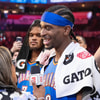 May 18, 2025; Oklahoma City, Oklahoma, USA; Oklahoma City Thunder guard Shai Gilgeous-Alexander (2) talks to a tv reporter following his teams win against the Denver Nuggets in game seven of the second round for the 2025 NBA Playoffs at Paycom Center. Mandatory Credit: Alonzo Adams-Imagn Images