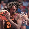 Arizona State Sun Devils forward Jayden Quaintance (21) catches a rebound against Kansas Jayhawks in the first half of the game inside Allen Fieldhouse Wednesday, Jan. 8, 2025.© Evert Nelson/The Capital-Journal / USA TODAY NETWORK via Imagn Images