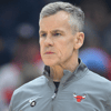 Apr 8, 2025; Cleveland, Ohio, USA; Chicago Bulls head coach Billy Donovan stands on the court in the first quarter against the Cleveland Cavaliers at Rocket Arena. Mandatory Credit: David Richard-Imagn Images