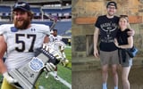 Notre Dame offensive lineman Trevor Ruhland with 2019 Camping World Trophy and wife Nina