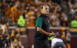Sep 9, 2023; Minneapolis, Minnesota, USA; Eastern Michigan Eagles head coach Chris Creighton looks on during the third quarter against the Minnesota Golden Gophers at Huntington Bank Stadium. Mandatory Credit: Matt Krohn-Imagn Images