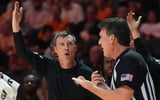 Texas A&M basketball coach Bucky McMillan looks at the referee asking to a foul to be called during a NCAA basketball game between Tennessee and Texas A&M at Thompson-Boling Arena at Food City Center in Knoxville, Tenn., on Jan. 13, 2026.