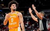 Tennessee guard Ja'Kobi Gillespie (0) gestures after making a three-pointer during a NCAA Tournament Sweet 16 game between Tennessee and Iowa State at the United Center in Chicago on March 27, 2026.
