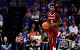 Dec 21, 2025; Gainesville, Florida, USA; Colgate Raiders guard Jalen Cox (3) dribbles the ball against the Florida Gators during the first half at Exactech Arena at the Stephen C. O'Connell Center. Mandatory Credit: Matt Pendleton-Imagn Images