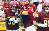 Iowa State defensive end Jack Janikowski (93) celebrates with Iowa State linebacker Sullivan Schlimgen (7) after a tackle
