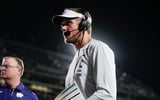 Kansas State Wildcats head coach Collin Klein talks to radio after a 71-3 victory over Nicholls Colonels inside Bill Snyder
