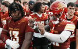 Iowa State football team celebrates after winning 38-10 over Southeast Missouri in week one NCAA football at Jack Trice Stadium