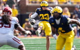 Michigan punter Cam Brown (33) punts against Oklahoma during the second half at Michigan Stadium in Ann Arbor on Saturday, Sept.