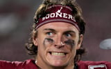 Oklahoma Sooners quarterback John Mateer (10) is interviewed after a college football game between the University of Oklahoma