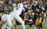 Jordan Hall lines up on defense as Notre Dame quarterback CJ Carr (13) calls for the ball during a NCAA football game against Michigan State at Notre Dame Stadium (Michael Clubb/South Bend Tribune / USA TODAY NETWORK via Imagn Images)