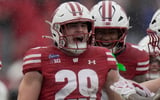 Wisconsin safety Matthew Jung (29) celebrates his interception during the second quarter of their game against Eastern Michigan