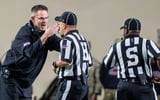 Indiana Head Coach Curt Cignetti disagrees with a call during the Indiana versus Northwestern football game at Memorial Stadium