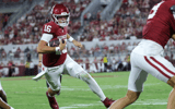 Sep 4, 2026; Norman, Oklahoma, USA; Oklahoma Sooners quarterback Whitt Newbauer (16) rushes for a touchdown during the fourth quarter against the Texas El Paso Miners at Gaylord Family-Oklahoma Memorial Stadium. Mandatory Credit: Kevin Jairaj-Imagn Images