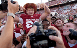 Oklahoma kicker Tate Sandell (29) celebrates after this game-winning field goal at the Cotton Bowl in Dallas.