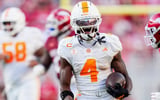 Tennessee wide receiver Mike Matthews (4) celebrates a big play during a college football game between Tennessee and Arkansas at Donald W. Reynolds Razorback Stadium in Fayetteville, Ark., on Oct. 10, 2026.