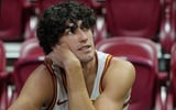 Iowa State forward Blake Buchanan (23) talks to the media during the university's men's basketball media day at Hilton Coliseum