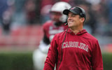 South Carolina Gamecocks head football coach Shane Beamer is pictured smiling during a game (Photo Credit: CJ Driggers | GamecockCentral.com)(