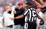 Oklahoma head coach Brent Venables argues a call in the first half of the college football game between the University of Oklahoma Sooner and the University of Michigan Wolverines at the Gaylord Family Ð Oklahoma Memorial Stadium in Norman, Okla., Saturday, Sept. 6, 2025.