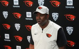 Oregon State head coach JaMarcus Shephard talks to the media after the Oregon State fall camp practice at Reser Stadium on