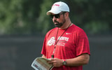 Ohio State Buckeyes head coach Ryan Day watches during the first practice of training camp at the Woody Hayes Athletic Center in