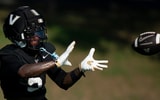 Vanderbilt wide receiver Tristen Brown (5) makes a catch during practice at Vanderbilt University Wednesday, Aug. 5, 2026.