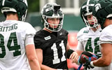 Michigan State quarterback Alessio Milivojevic looks on during football practice on Thursday, Aug. 6, 2026, in East Lansing. - Nick King, USA TODAY Sports