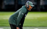 Michigan State's wide receivers coach Courtney Hawkins calls out during spring football practice on Tuesday, April 14, 2026, in East Lansing. - Nick King, USA TODAY Sports
