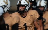 Vanderbilt quarterback Blaze Berlowitz (1) goes through warmups during practice at Vanderbilt Universitys McGugin Center