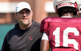 Aug. 7, 2026; Tuscaloosa, AL, USA; Defensive coordinator Kane Wommack gives some directions to defensive back Jorden Edmonds