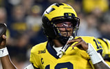 Sep 5, 2026; Ann Arbor, Michigan, USA; Michigan quarterback Bryce Underwood (19) throws an interception against Western Michigan in the second quarter at Michigan Stadium. Mandatory Credit: Lon Horwedel-Imagn Images