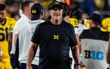 Michigan head coach Kyle Whittingham watches a replay against Western Michigan during the second half at Michigan Stadium in Ann