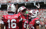 South Carolina receiver Donovan Murph celebrating a touchdown with fellow receiver Sequel Patterson and quarterback LaNorris Sellers. Photo by CJ Driggers | GamecockCentral