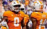 Sep 5, 2026; Knoxville, Tennessee, USA;  Tennessee Volunteers tight end Ethan Davis (0) and wide receiver Braylon Staley (14) celebrate a touchdown catch against the Furman Paladins during the first quarter at Neyland Stadium.  Mandatory Credit: Randy Sartin-Imagn Images