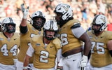 Vanderbilt quarterback Jared Curtis (2) celebrates his touchdown against Delaware during the third quarter at FirstBank Stadium