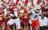 Iowa State quarterback Jaylen Raynor (1) runs for a first down against Bowling Green during the first quarter on Sept. 19, 2026,