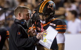 UTEPs head football coach Scotty Walden talks to Jaime Guerrero during the football home opener against Texas Southern on