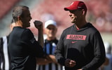 Oct 12, 2024; Tuscaloosa, Alabama, USA; Alabama Crimson Tide head coach Kalen DeBoer speaks with South Carolina Gamecocks head coach Shane Beamer during warmups at Bryant-Denny Stadium. Mandatory Credit: Will McLelland-Imagn Images