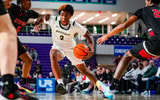 The Villages Charter Buffalo guard Aaron Britt Jr. (3) drives to the basket as Archbishop Stepinac Crusaders guard Hassan