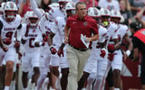 South Carolina head coach Shane Beamer running onto the field with his team at Bryant-Denny stadium in 2026. Photo by: CJ Driggers | GamecockCentral
