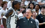 Michigan State’s head coach Tom Izzo, right, talks with Coen Carr during the second half in the game against Incarnate Word on Friday, Oct. 2, 2026, at the Breslin Center in East Lansing. - Nick King, USA TODAY Sports
