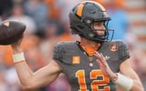 Tennessee quarterback George MacIntyre (12) throws a pass during a game between Tennessee and Auburn in Neyland Stadium in Knoxville, Tennessee, Oct. 3, 2026.