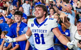 Oct 3, 2026; Columbia, South Carolina, USA; Kentucky Wildcats tight end Willie Rodriguez (81) celebrates with fans following their overtime win against the South Carolina Gamecocks at Williams-Brice Stadium. Mandatory Credit: Jeff Blake-Imagn Images