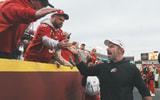 Utah head coach Morgan Scalley celebrates with fans after Utahs 31-17 victory over Iowa State on Sept. 26, 2026, at Jack Trice